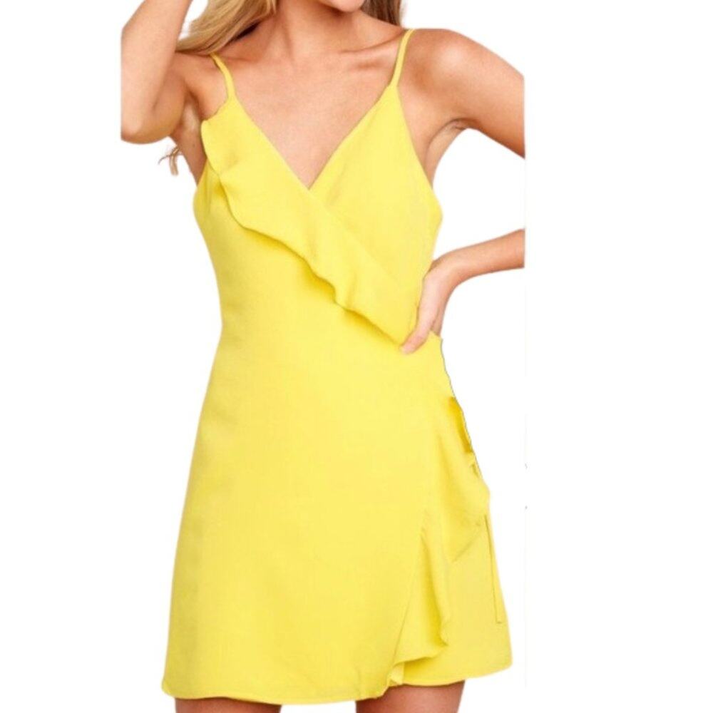 ZARA Faux Wrap Ruffle Crepe Dress in Bright Yellow Size Medium